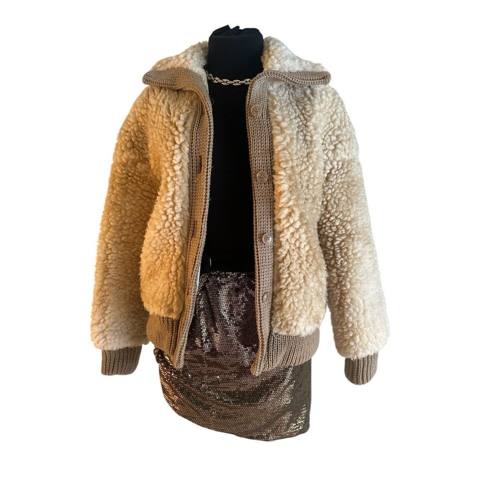 Vintage Oatmeal / Tan‎ Sherpa Fleece Button-up Work JacketSize M 1980’s Y2K